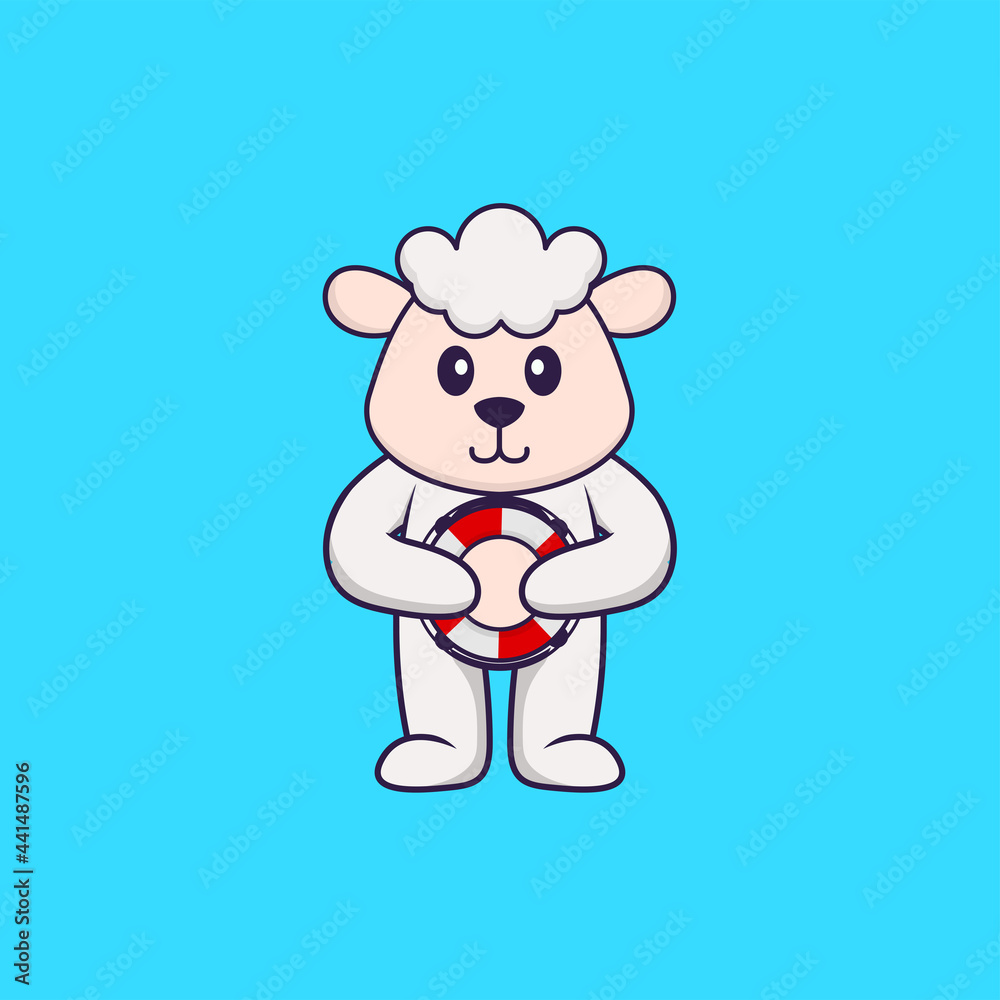 Cute sheep holding a buoy. Animal cartoon concept isolated. Can used for t-shirt, greeting card, invitation card or mascot. Flat Cartoon Style Cute sheep holding a buoy. Animal cartoon concept isolated. Can used for t-shirt, greeting card, invitation card or mascot. Flat Cartoon Style