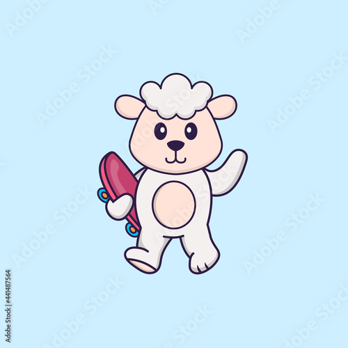 Cute sheep holding a skateboard. Animal cartoon concept isolated. Can used for t-shirt  greeting card  invitation card or mascot. Flat Cartoon Style