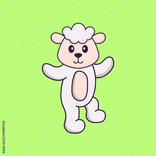 Cute sheep is dancing. Animal cartoon concept isolated. Can used for t-shirt, greeting card, invitation card or mascot. Flat Cartoon Style