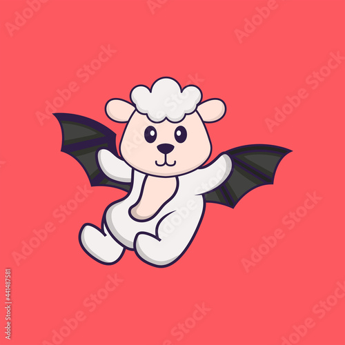 Cute sheep is flying with wings. Animal cartoon concept isolated. Can used for t-shirt, greeting card, invitation card or mascot. Flat Cartoon Style