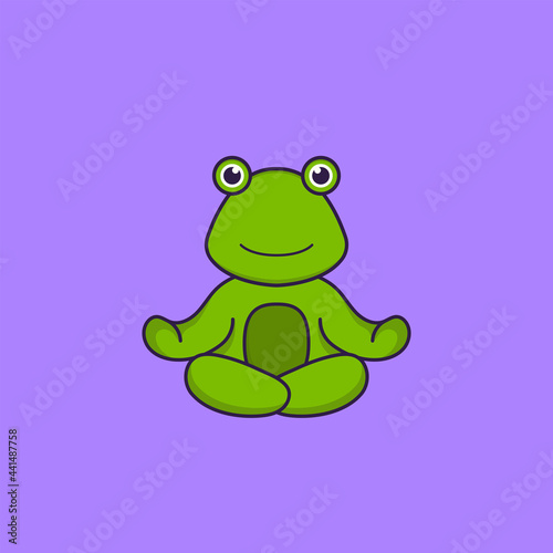 Cute frog is meditating or doing yoga. Animal cartoon concept isolated. Can used for t-shirt, greeting card, invitation card or mascot. Flat Cartoon Style