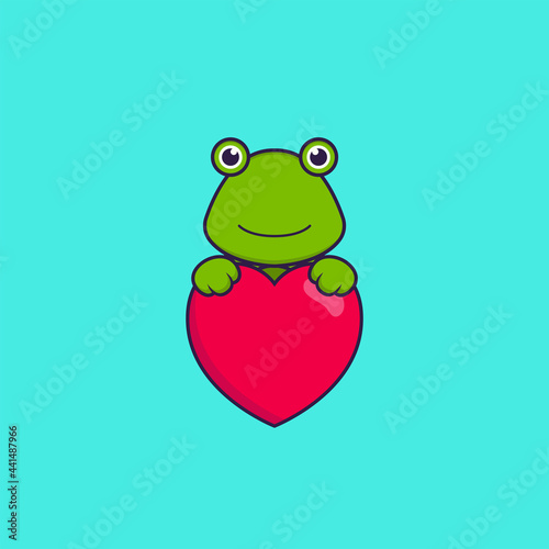 Cute frog holding a big red heart. Animal cartoon concept isolated. Can used for t-shirt  greeting card  invitation card or mascot. Flat Cartoon Style
