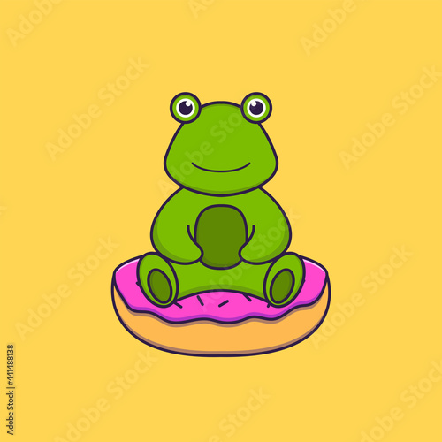 Cute frog is sitting on donuts. Animal cartoon concept isolated. Can used for t-shirt, greeting card, invitation card or mascot. Flat Cartoon Style