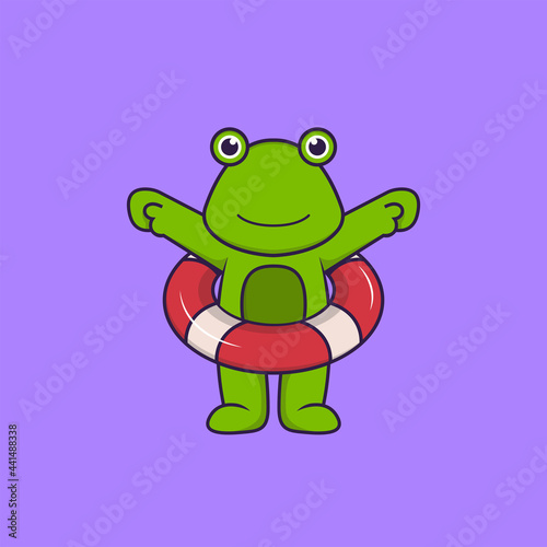 Cute frog using a float. Animal cartoon concept isolated. Can used for t-shirt  greeting card  invitation card or mascot. Flat Cartoon Style