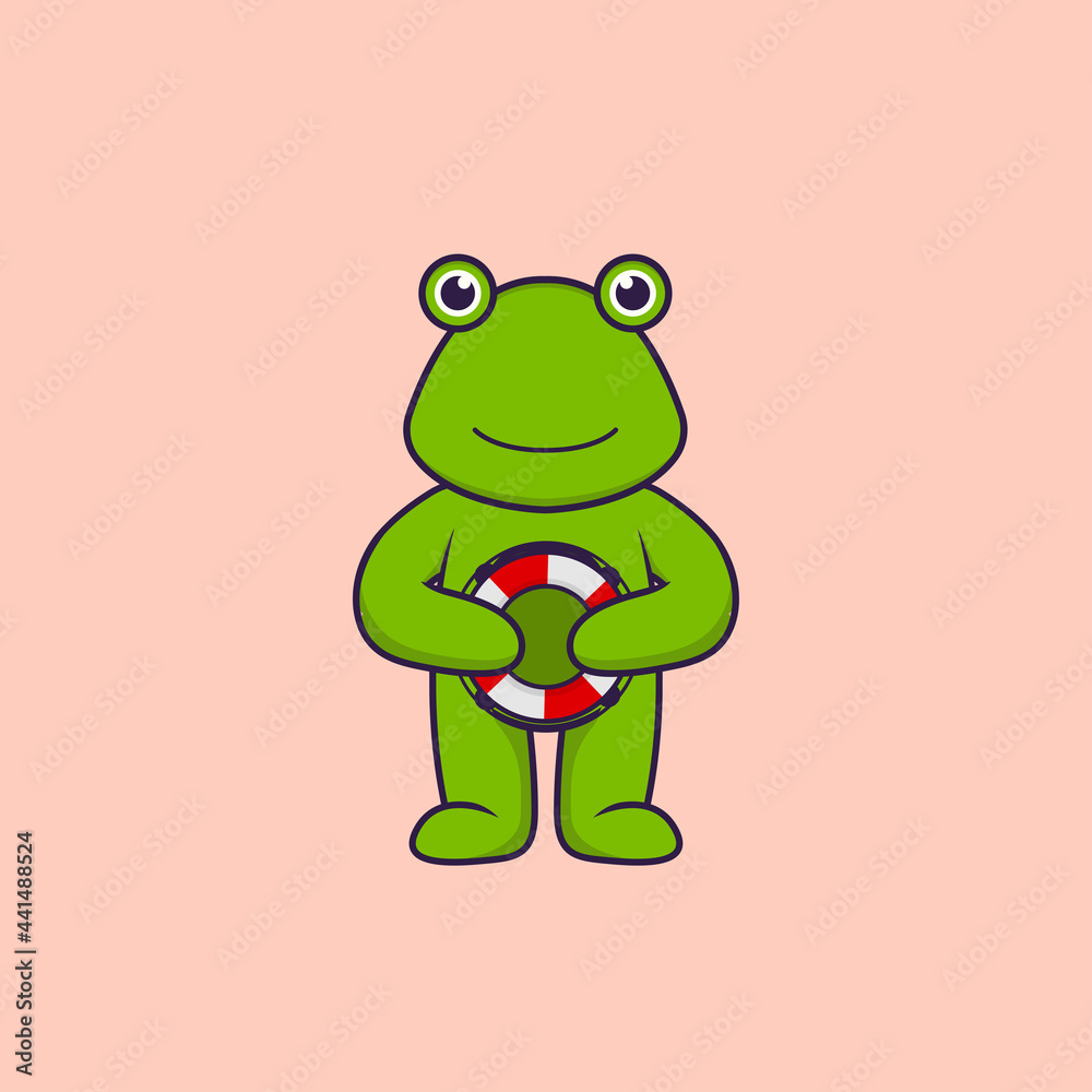 Cute frog holding a buoy. Animal cartoon concept isolated. Can used for t-shirt, greeting card, invitation card or mascot. Flat Cartoon Style Cute frog holding a buoy. Animal cartoon concept isolated. Can used for t-shirt, greeting card, invitation card or mascot. Flat Cartoon Style