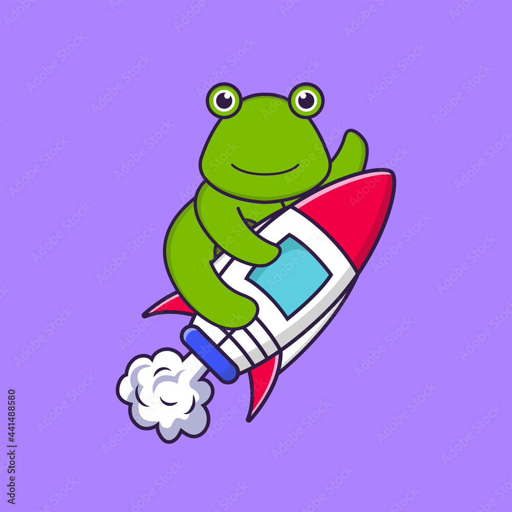 Fototapeta premium Cute frog flying on rocket. Animal cartoon concept isolated. Can used for t-shirt, greeting card, invitation card or mascot. Flat Cartoon Style