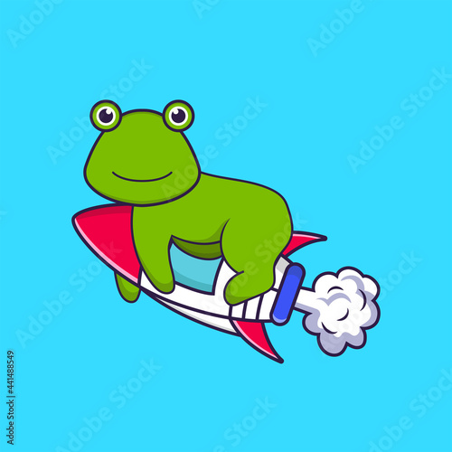 Cute frog flying on rocket. Animal cartoon concept isolated. Can used for t-shirt  greeting card  invitation card or mascot. Flat Cartoon Style