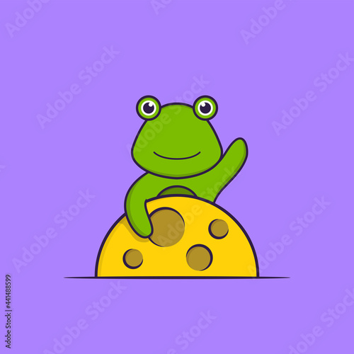 Cute frog is on the moon. Animal cartoon concept isolated. Can used for t-shirt, greeting card, invitation card or mascot. Flat Cartoon Style