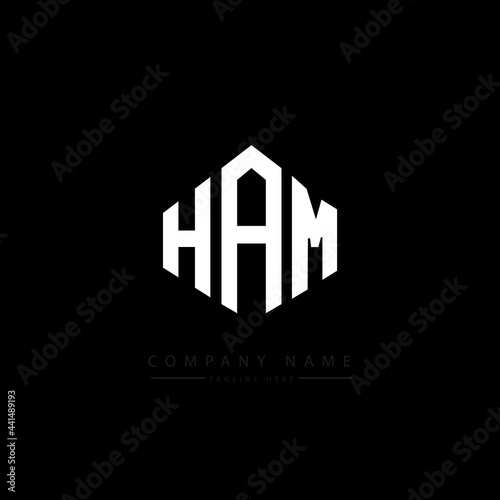 HAM letter logo design with polygon shape. HAM polygon logo monogram. HAM cube logo design. HAM hexagon vector logo template white and black colors. HAM monogram. HAM business and real estate logo. 