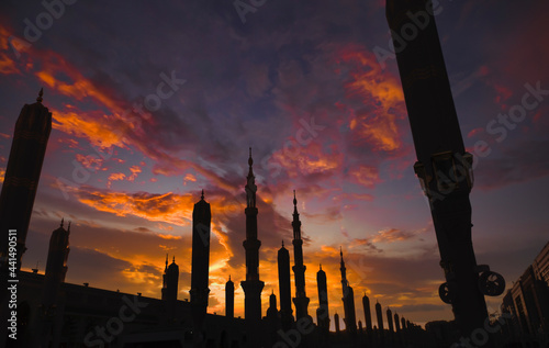Silhouette of Nabawi Mosque (masjid Nabawi) in Medina, Saudi Arabia. Nabawi mosque is the second holiest site in Islam after Masjid Al Haram in Mecca, Saudi Arabia.