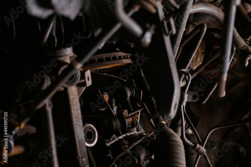 Car motor parts. Auto motor mechanic spare or automotive piece on dark backgr...