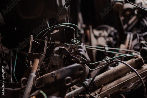 Car motor parts. Auto motor mechanic spare or automotive piece on dark backgr...