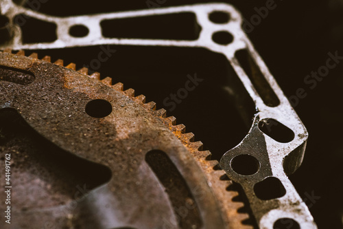 Car motor parts. Auto motor mechanic spare or automotive piece on dark backgr...