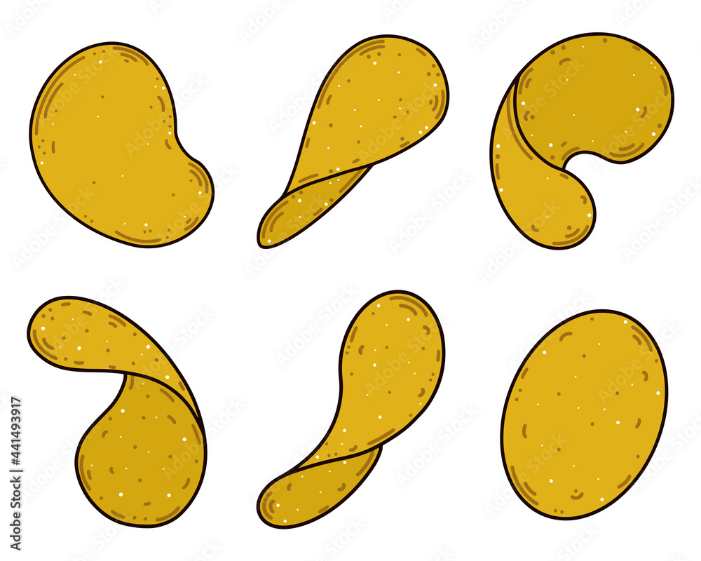 A set of potato or corn chips. Isolated illustration on a white background. Crispy slices of fried vegetables. Vector icons. Hand drawn snack. Flat cartoon style.
