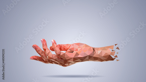 Abstract low poly polygon presentation hand on white background. Creative illustration.