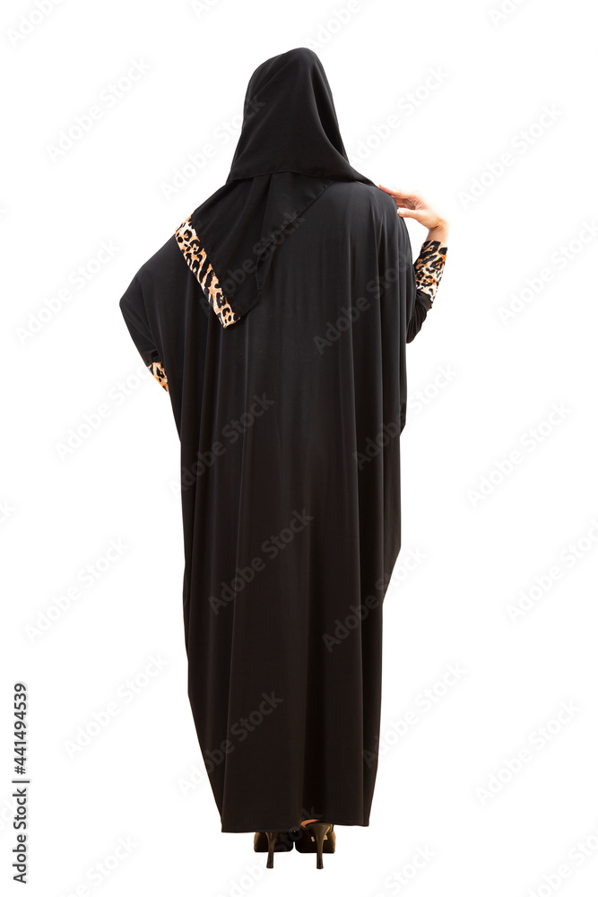 Back of woman wearing arabian dress isolated on white