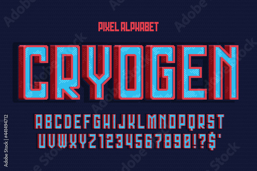 Pixel vector alphabet design, stylized like in console games. High contrast, retro-futuristic.