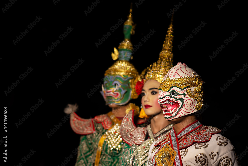 Khon is art culture Thailand Dancing in masked.This Acting scene pantomime show The battle of the two sides are fighting in literature Ramayana