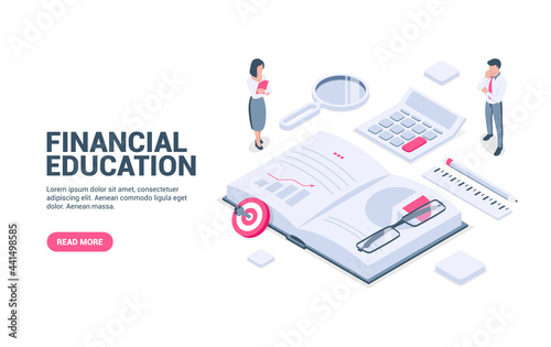 Financial literacy and learning concept. Accounting, investment, home savings. Vector illustration in isometric style. Isolated on white background.