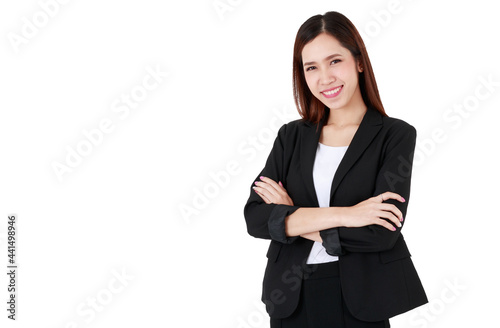 Portrait of an asian beautiful business working woman with long hair wearing formal black suit, smiling with confidence, crossing her arms with isolated white background cutout and blank copy space.