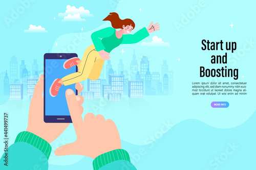 Girl search for location on smartphone. Mobile navigation. Online map. City landscape background. Modern flat cartoon style. vector illustration.