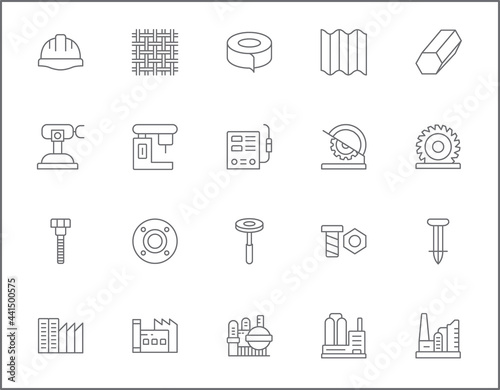 Set of Factory and industrial line style. It contains such as pressure meter, geothermal energy, welding, steel, structure, electric, construction, tool, metallurgy and other elements.