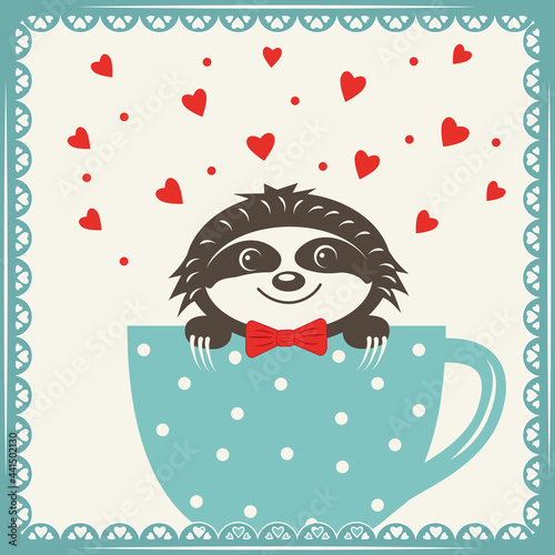 Cute animal character Sloth sitting in a cup, color multi-layer vector illustration papercut