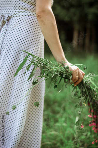 a girl in a white light dress holds a bouquet of wild flowers in her hands. depersonalized photo, midsection, copy space, selective focus