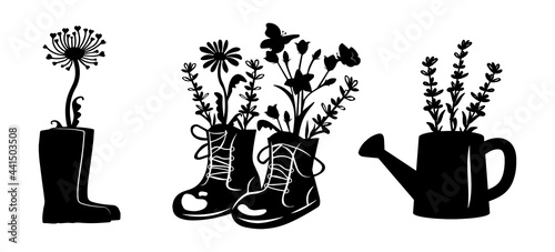 vase for garden. rubber boots with dandelion, retro boots with lavender, chamomile, butterfly vector. watering can with lavender bouquet vector. laser cut design. silhouette graphics.