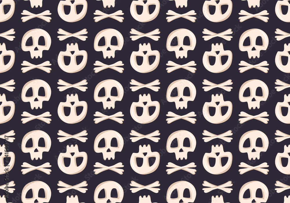 Bright seamless pattern with skulls and crossbones on a dark background. Fashion print for kids party, holiday, halloween, textile and design Bright seamless pattern with skulls and crossbones on a dark background. Fashion print for kids party, holiday, halloween, textile and design