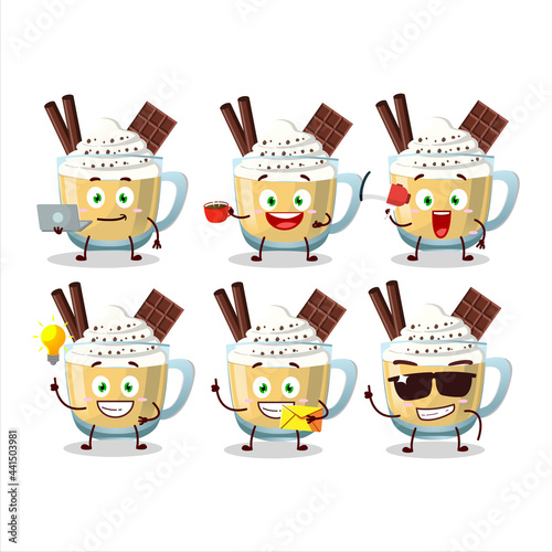 Eggnog cartoon character with various types of business emoticons