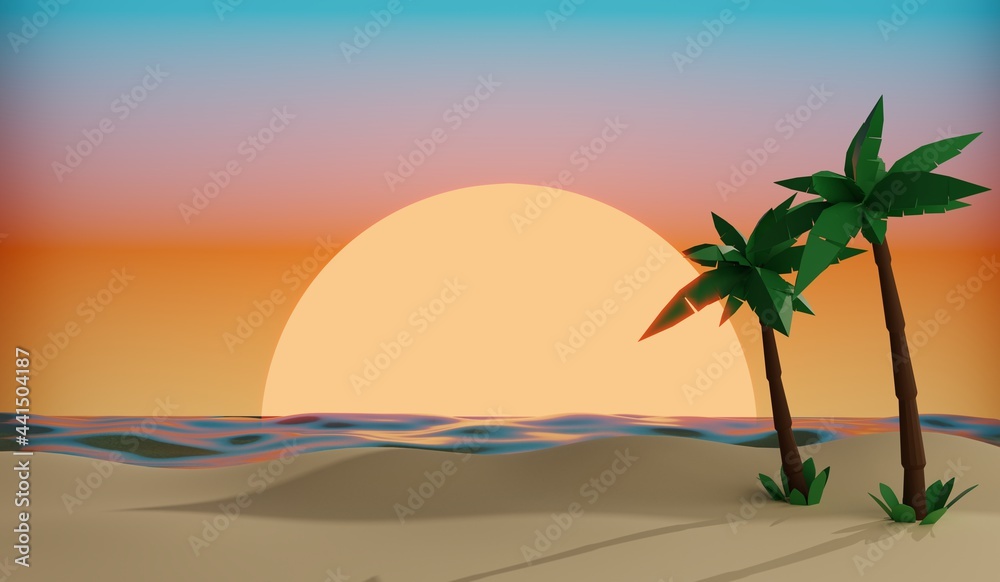 Sunny tropical beach with palm trees .3D rendering