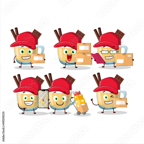 Cartoon character design of eggnog working as a courier