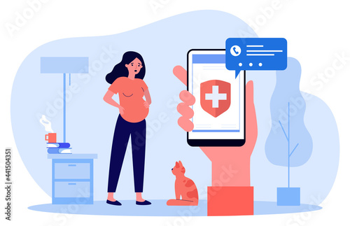 Calling ambulance in case of contractions. Flat vector illustration. Pregnant woman holding on to belly, hand holding smartphone with medical care sign on screen. Birth, emergency, medicine concept
