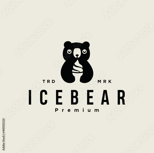 Little cute polar bear eating ice cream logo silhouette design vector illustration black retro 