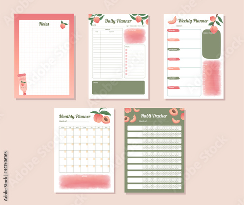 Printable daily, weekly, monthly, habit tracker planner with watercolor peaches design illustration  