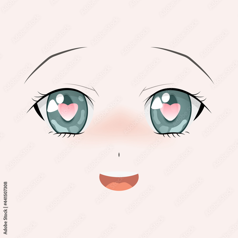 Happy anime face. Manga style big green eyes, little nose and kawaii mouth. Hand drawn vector illustration. Isolated on white. Happy anime face. Manga style big green eyes, little nose and kawaii mouth. Hand drawn vector illustration. Isolated on white.