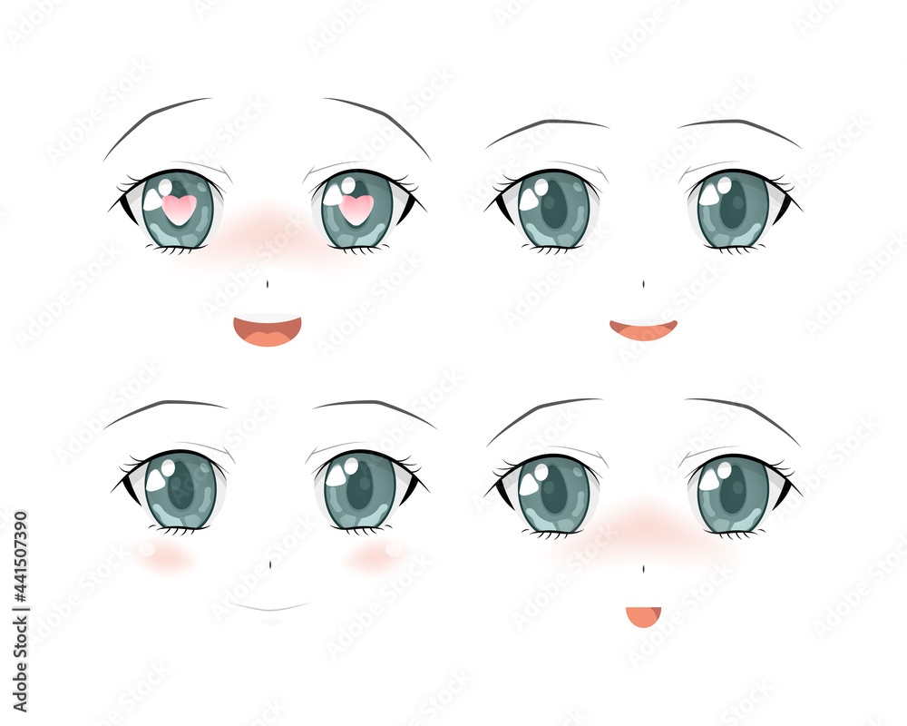 Set of Vector Cartoon Anime Style Expressions. Anime girl in japanese. Anime style, drawn vector illustration. Sketch. Set of Vector Cartoon Anime Style Expressions. Anime girl in japanese. Anime style, drawn vector illustration. Sketch.