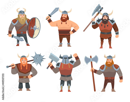 Cartoon Vikings vector illustrations set. Medieval soldiers, people in costumes or warriors isolated on white background. Scandinavian mythology, Norway, fantasy, history, military concept