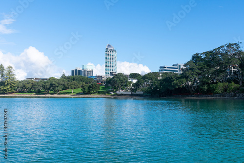 Buildings of Takapuna over bay from wharf