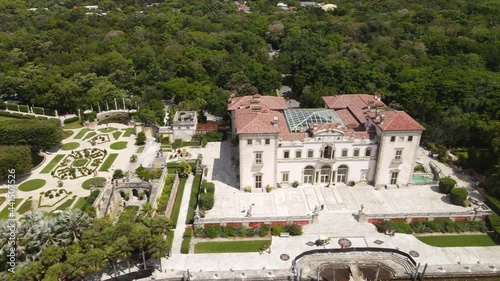 Vizcaya Villa, Museum and Gardens, Miami, USA. Aerial View of Historic Landmark and Green Landscape on Sunny Day, Drone Shot photo