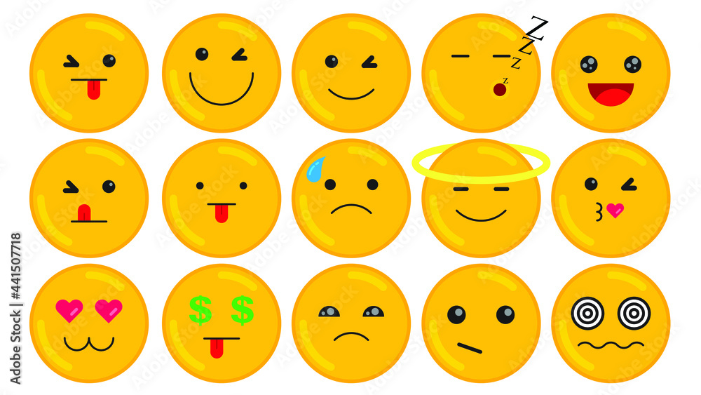 Flat Design Vector Emoji Set with Different Reactions Isolated on White Background. Communication Chat Elements.