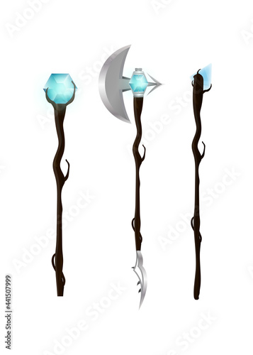 Magic staff or walking stick with crystal in cartoon style. Vector illustration