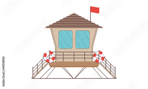 Wooden lifeguard house in flat design. Retro life guard tower isolated on white background. Baywatch hut or observation tower vector illustration.