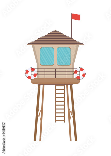Wooden lifeguard house in flat design. Retro life guard tower isolated on white background. Baywatch hut or observation tower vector illustration.
