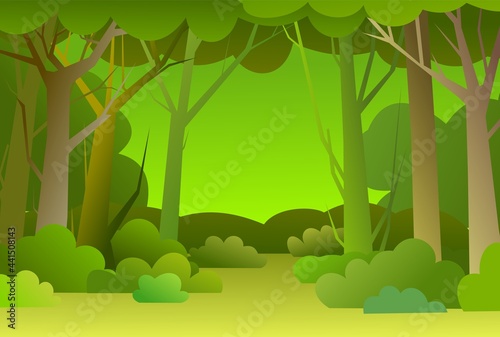 Forest trees background. Glade in the thicket. Beautiful green summer landscape. Flat design. Cartoon style. Background illustration. Vector
