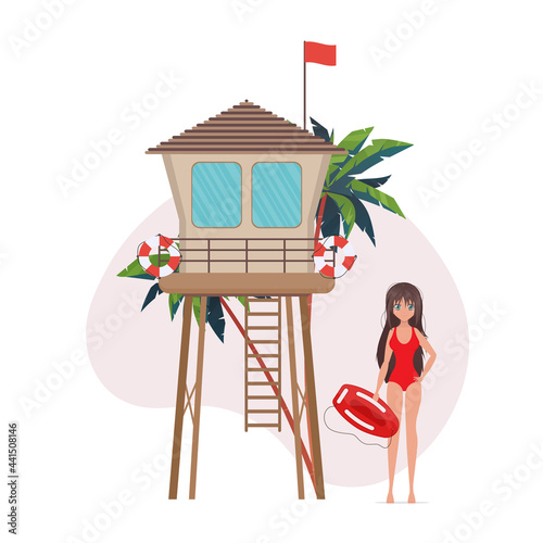 A woman near a life buoy. Beach lifeguard girl in a swimsuit. For banners. Cartoon anime style. Vector illustration