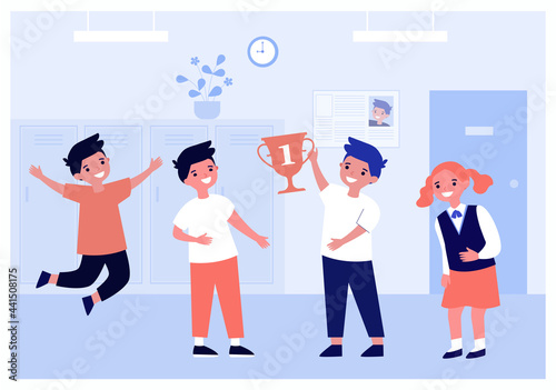 Happy pupils holding golden cup for first place in competition. Boys and girl rejoicing over victory flat vector illustration. Celebration, winner, achievement, trophy concept