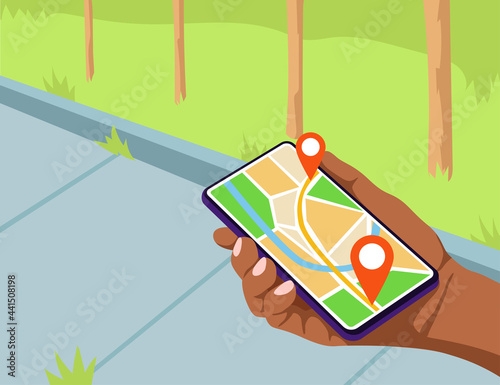 Hand holding mobile phone with map on screen vector illustration. Navigation app showing correct route. Footpath, park in background. GPS, location, marking pins concept