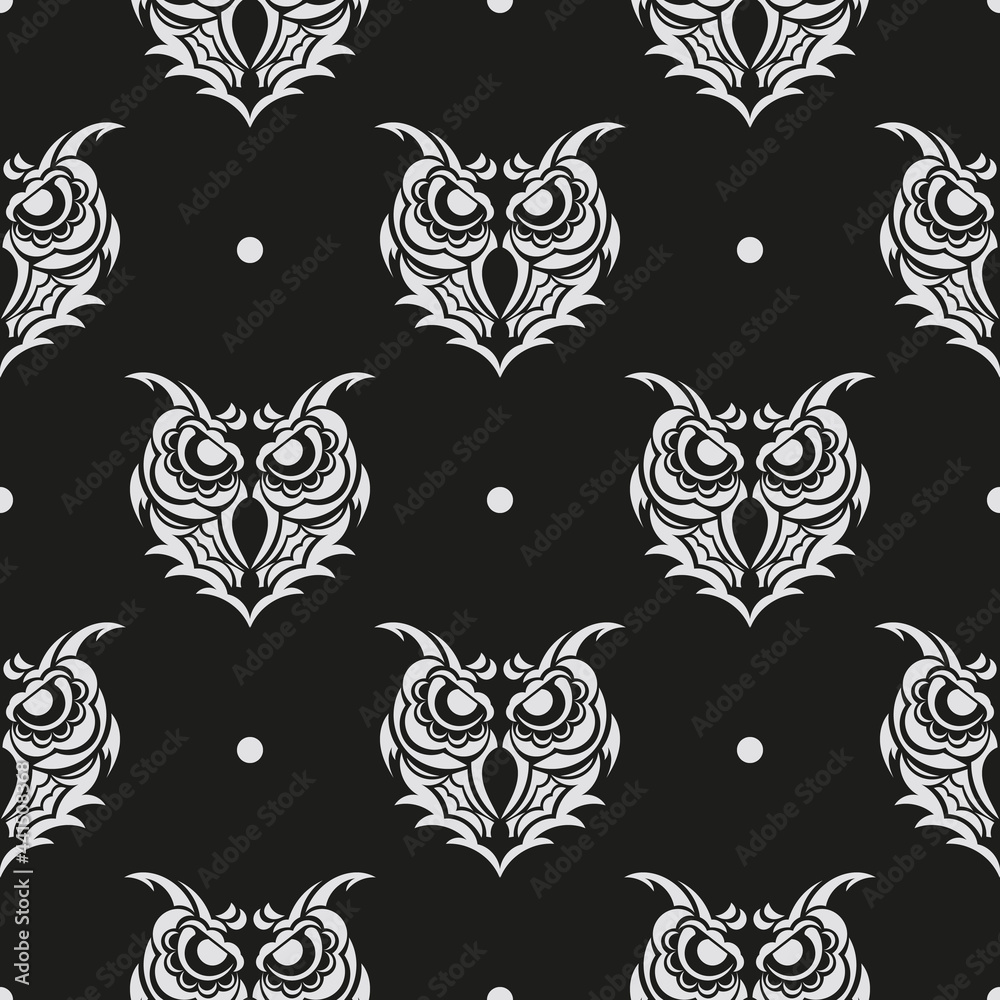 Black-white Seamless pattern owl face in boho style. Good for clothing and textiles. Vector